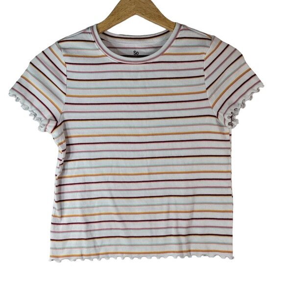 2/$15 SO Striped Top Multi Size 14 XL Round Neck Curly Lettuce Hem Trim Pullover - Picture 1 of 6